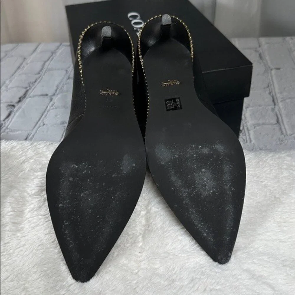 Coach Waverly Beadchain Leather Heels Black Gold Shoes - Picture 7 of 16